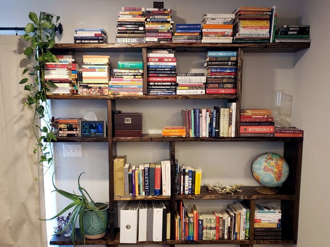 Built-in, wall-spanning bookshelf with adjustable shelving